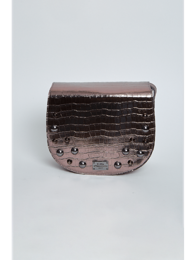 ELENA ATHANASIOU Croco Crossbody XL Metal Grey Μεταλλικό Γκρι Κροκό Τσάντα Χιαστί