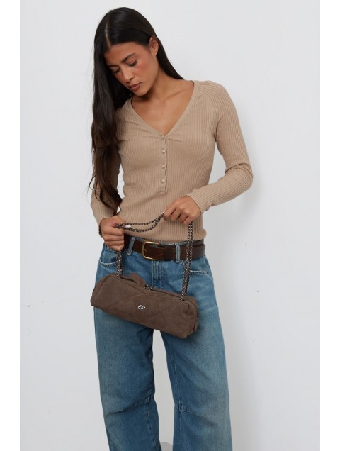 ELENA ATHANASIOU Chain Silhouette S Cacao Κακάο Σουέντ Τσάντα