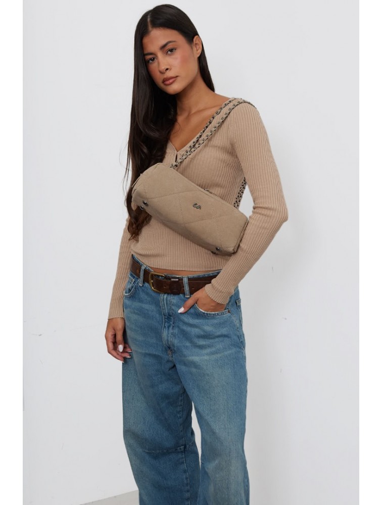 ELENA ATHANASIOU Chain Silhouette S Sand Μπεζ Σουέντ Τσάντα