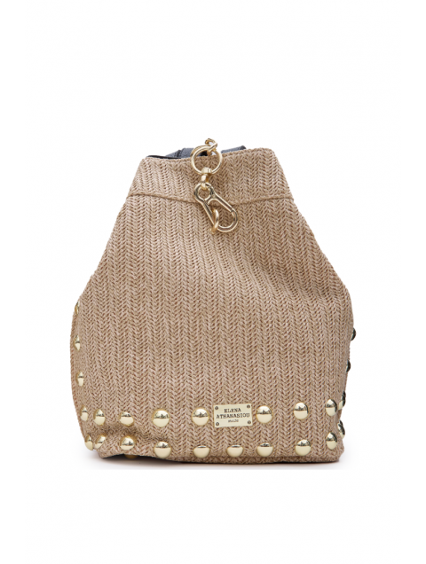 ELENA ATHANASIOU Black N’ Metal Backpack Vegan Straw Beige Μπεζ Ψάθινη Γυναικεία Τσάντα Πλάτης