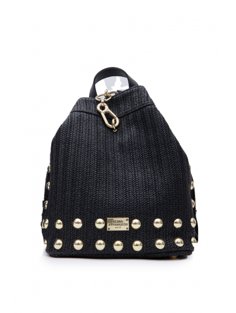 ELENA ATHANASIOU Black N’ Metal Backpack Vegan Straw Black Μαύρη Ψάθινη Γυναικεία Τσάντα Πλάτης