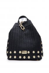 ELENA ATHANASIOU Black N’ Metal Backpack Vegan Straw Black Μαύρη Ψάθινη Γυναικεία Τσάντα Πλάτης