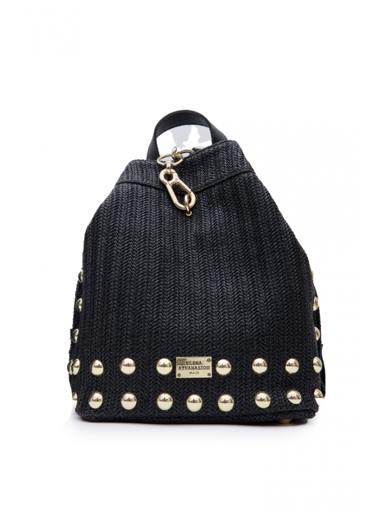 ELENA ATHANASIOU Black N’ Metal Backpack Vegan Straw Black Μαύρη Ψάθινη Γυναικεία Τσάντα Πλάτης