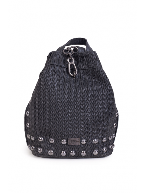 ELENA ATHANASIOU Black N’ Metal Backpack Vegan Straw Black Μαύρη Ψάθινη Γυναικεία Τσάντα Πλάτης