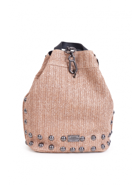 ELENA ATHANASIOU Black N’ Metal Backpack Vegan Straw Pink Ροζ Ψάθινη Γυναικεία Τσάντα Ώμου