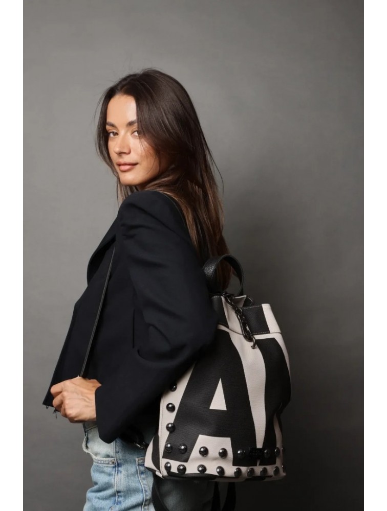 ELENA ATHANASIOU Black N’ Metal EA Logo Backpack Beige Μπεζ Μαύρη Γυναικεία Τσάντα Πλάτης  με Λογότυπο EA