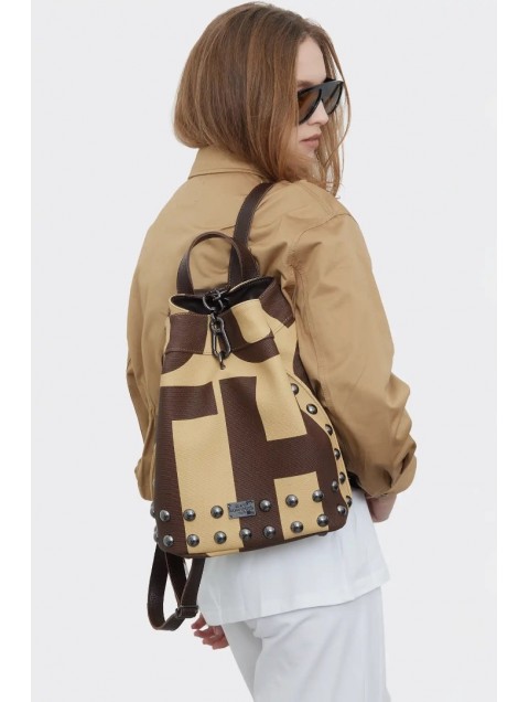 ELENA ATHANASIOU Black N’ Metal EA Logo Backpack Vanilla Καφέ Μπεζ Γυναικεία Τσάντα Πλάτης  με Λογότυπο EA