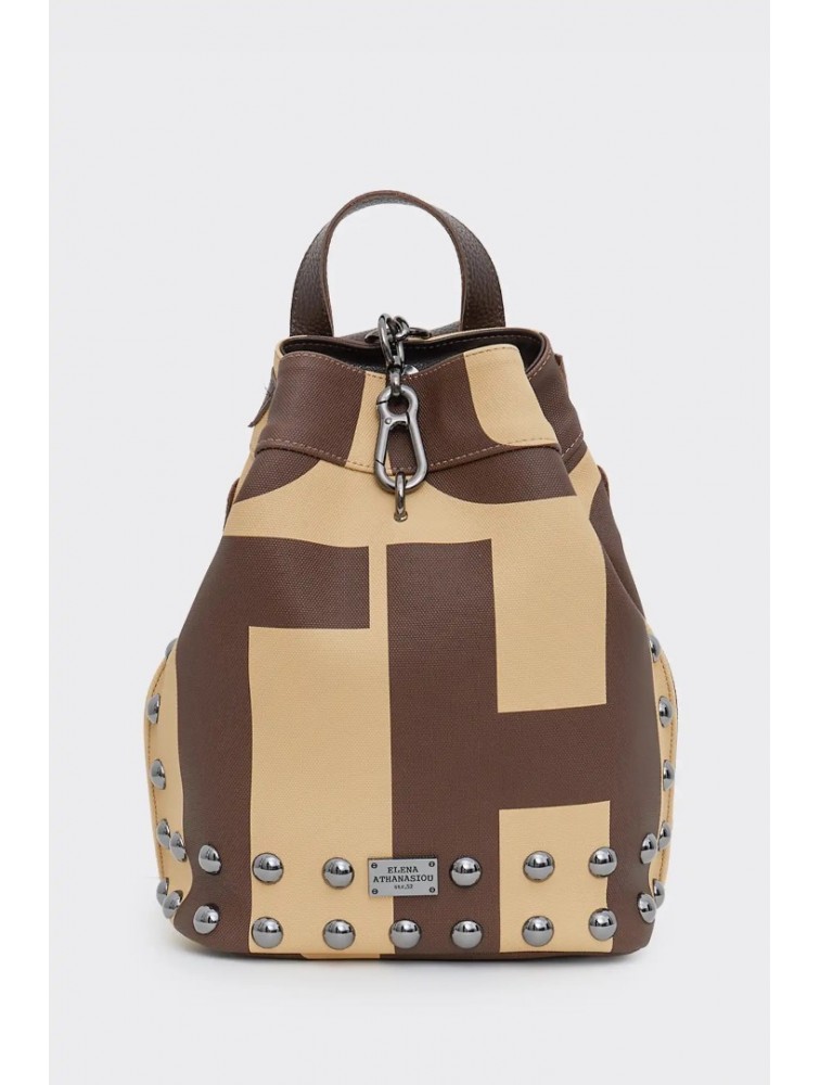 ELENA ATHANASIOU Black N’ Metal EA Logo Backpack Vanilla Καφέ Μπεζ Γυναικεία Τσάντα Πλάτης  με Λογότυπο EA