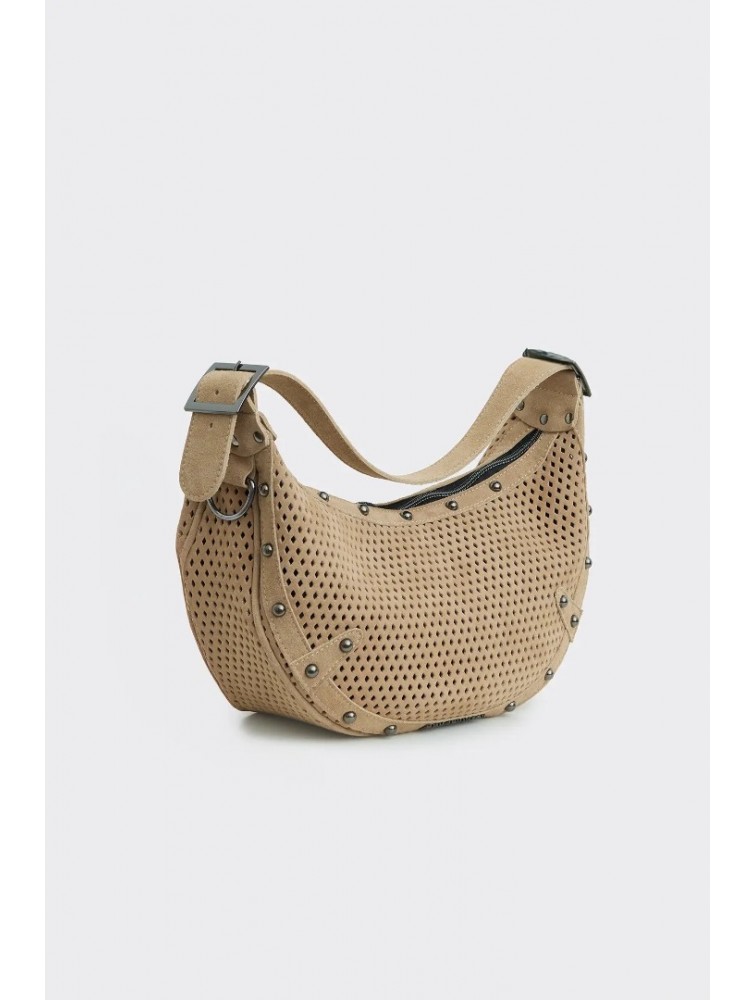 ELENA ATHANASIOU Hype Net Suede Baguette Bag  Beige
