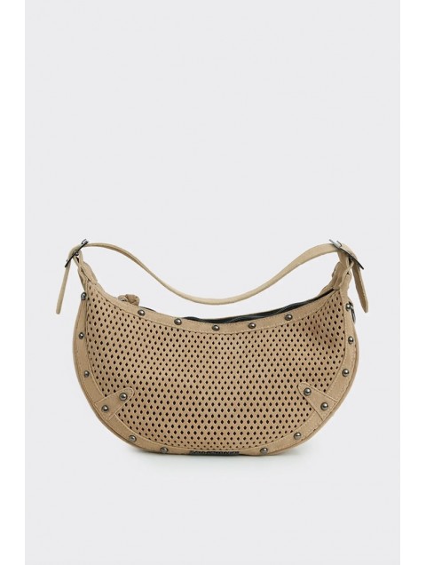 ELENA ATHANASIOU Hype Net Suede Baguette Bag  Beige