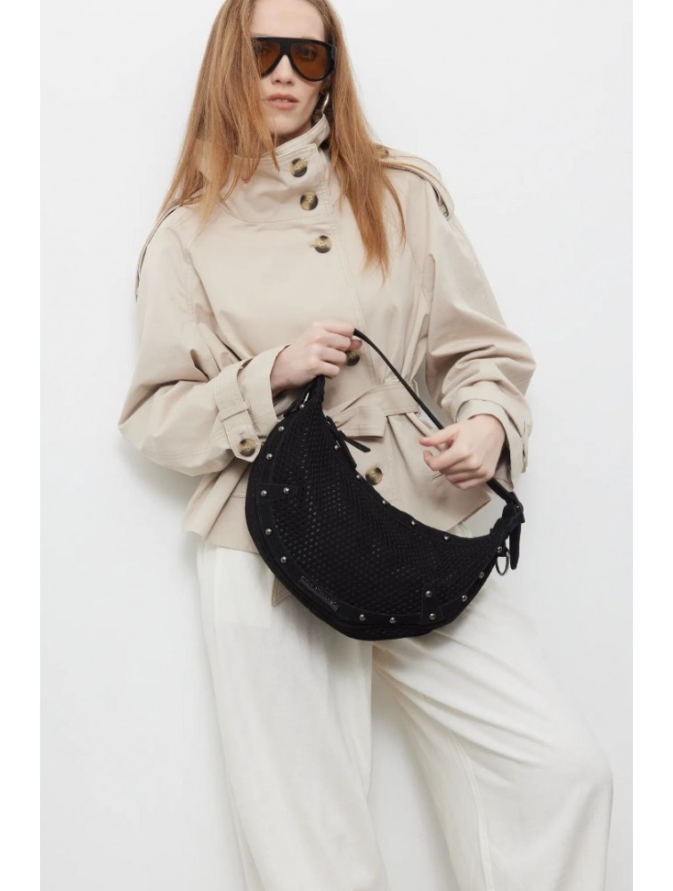 ELENA ATHANASIOU Hype Net Suede Baguette Bag  Black