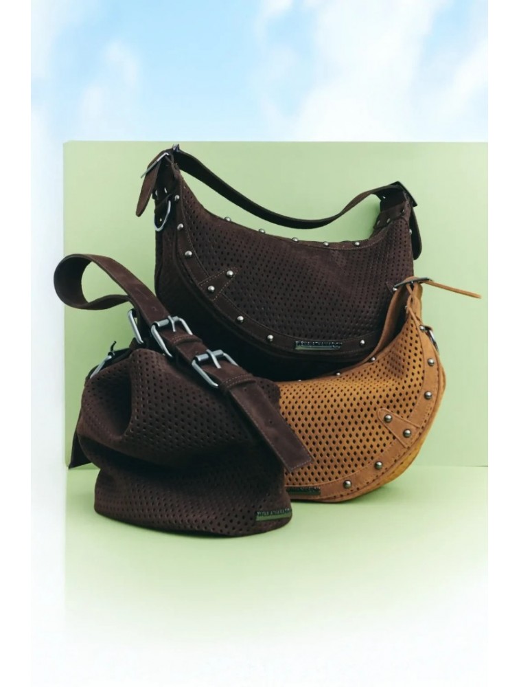 ELENA ATHANASIOU Hype Net Suede Baguette Bag  Brown