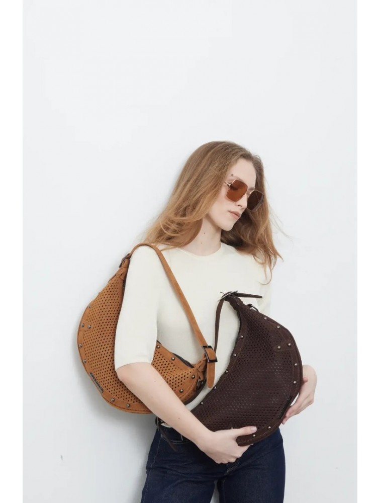 ELENA ATHANASIOU Hype Net Suede Baguette Bag  Brown
