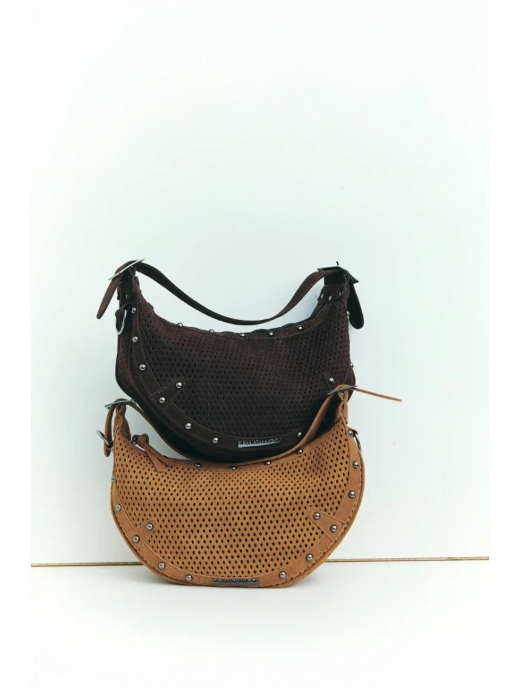 ELENA ATHANASIOU Hype Net Suede Baguette Bag  Taba
