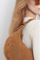 ELENA ATHANASIOU Hype Net Suede Baguette Bag  Taba