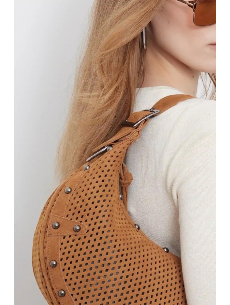 ELENA ATHANASIOU Hype Net Suede Baguette Bag  Taba