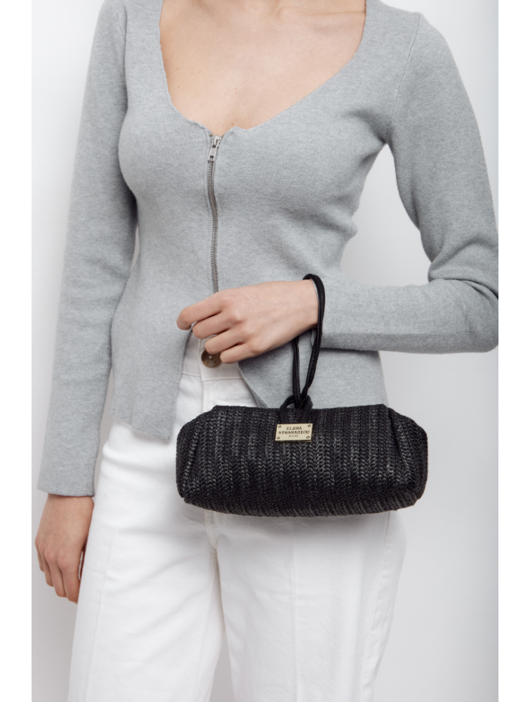 ELENA ATHANASIOU Lunchbag Vegan Straw Black Μαύρο Ψάθινο Τσαντάκι Χειρός