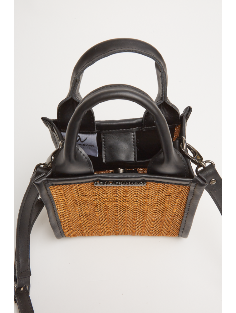 ELENA ATHANASIOU Natural Straw Mini Tote Bag Taupe Μίνι Ψάθινο τσαντάκι σε καφέ χρώμα