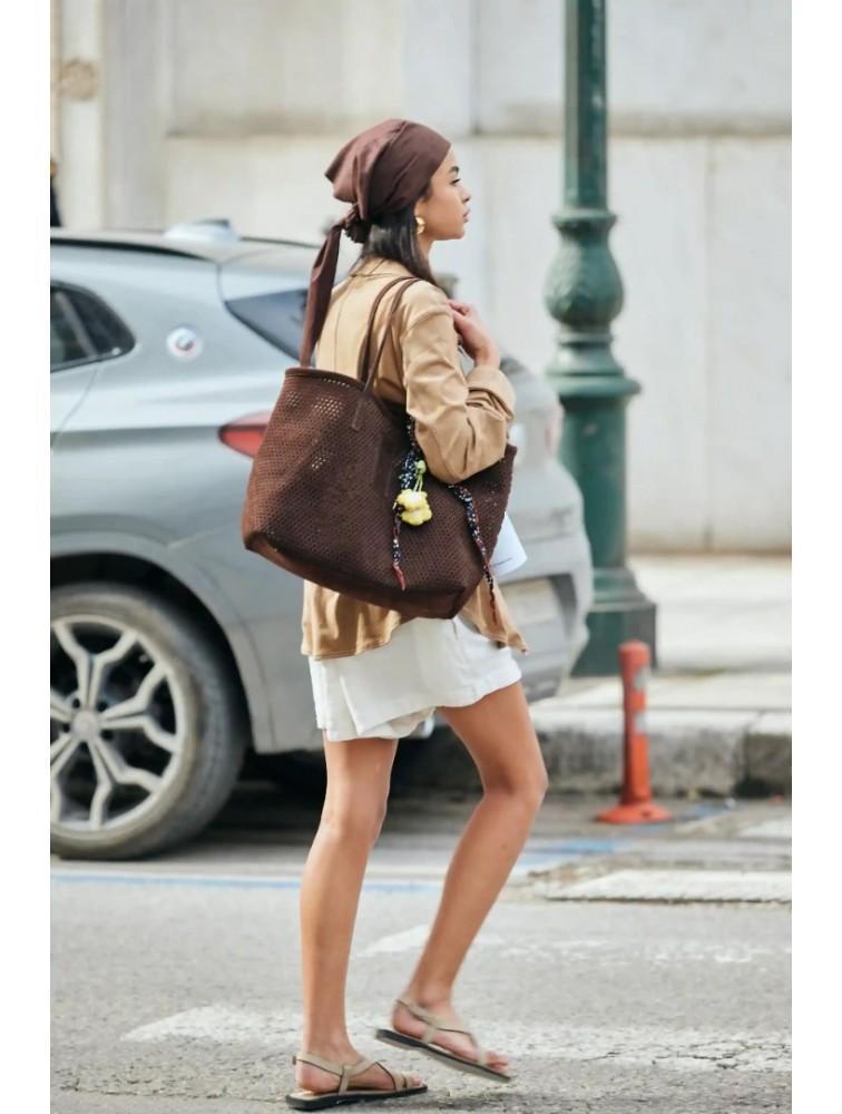 ELENA ATHANASIOU Net Tote and Shopper Bag Brown Καφέ Τσάντα Ώμου