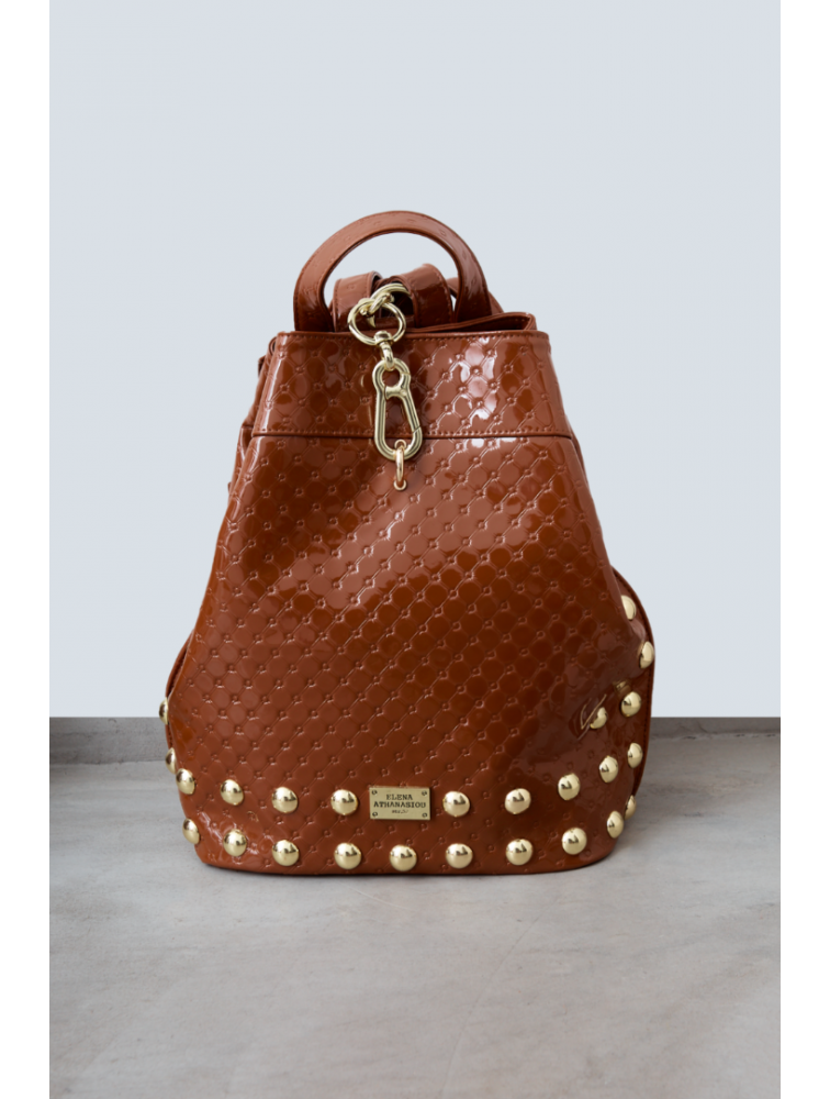 ELENA ATHANASIOU Retro Black N’ Metal Backpack Vinyl Cognac Καφέ Βινύλ Τσάντα