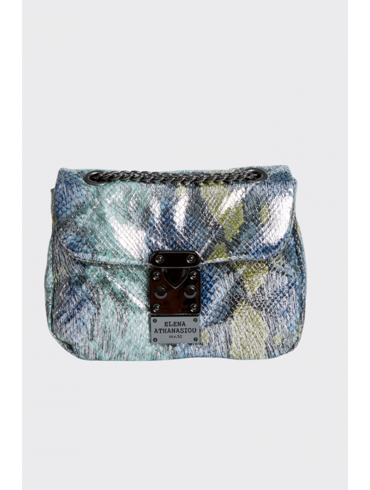 ELENA ATHANASIOU Shiny Snake Pattern Mini Bag Lime Blue Λάιμ Μπλε τσαντάκι ώμου