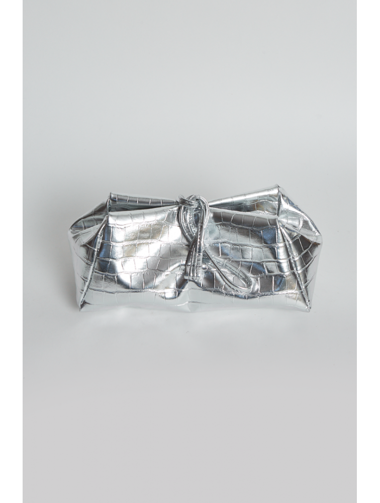 ELENA ATHANASIOU Croco Lunchbag Silver Ασημί Κροκό Τσάντα Χειρός