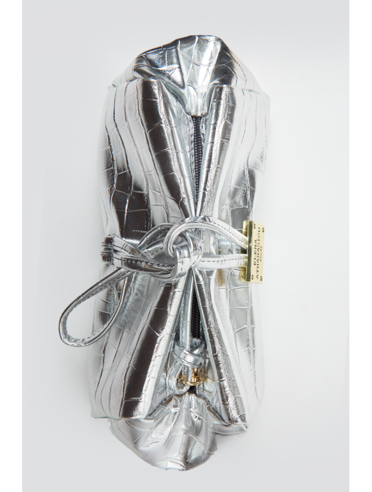 ELENA ATHANASIOU Croco Lunchbag Silver Ασημί Κροκό Τσάντα Χειρός