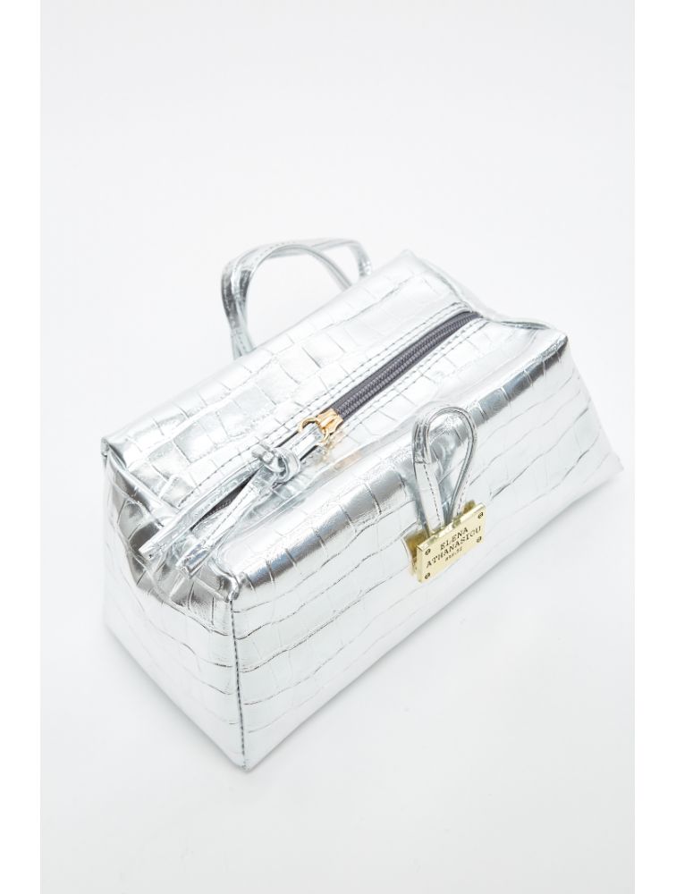 ELENA ATHANASIOU Croco Lunchbag Silver Ασημί Κροκό Τσάντα Χειρός