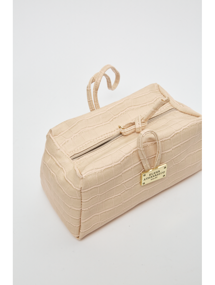 ELENA ATHANASIOU Croco Lunchbag Creme Κρεμ Κροκό Τσάντα Χειρός