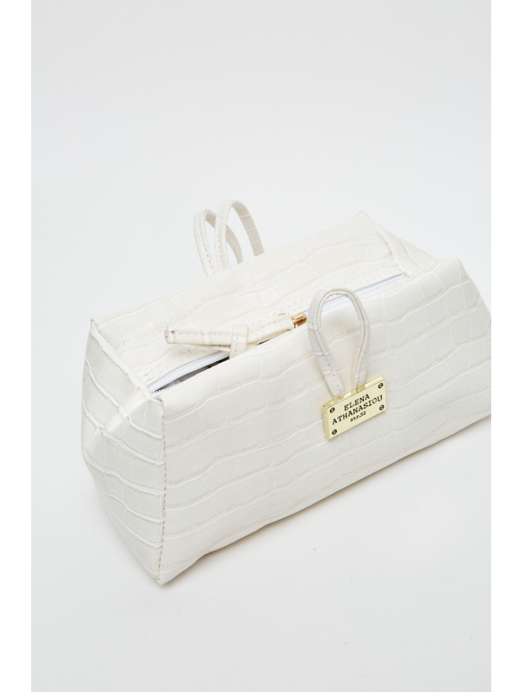 ELENA ATHANASIOU Croco Lunchbag White Λευκή Κροκό Τσάντα Χειρός