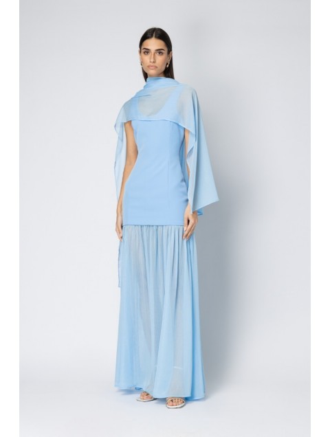 FOREVER YOUNG Aurea Crepe Dress Μπλε Κρεπ Φόρεμα με Εσάρπα
