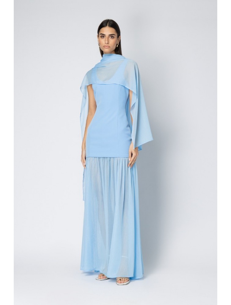 FOREVER YOUNG Aurea Crepe Dress Μπλε Κρεπ Φόρεμα με Εσάρπα
