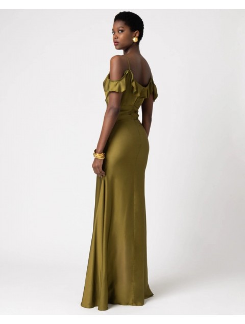 FOREVER YOUNG Camilla Satin Dress Olive Λαδί Μάξι Φόρεμα