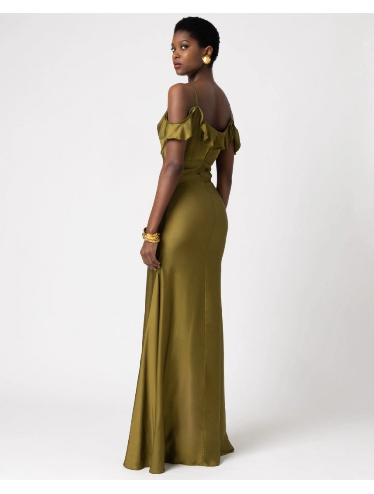 FOREVER YOUNG Camilla Satin Dress Olive Λαδί Μάξι Φόρεμα