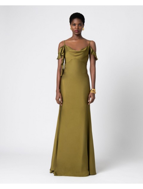 FOREVER YOUNG Camilla Satin Dress Olive Λαδί Μάξι Φόρεμα