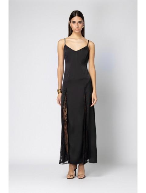 FOREVER YOUNG Ether Satin Black Dress Μαύρο Σατέν Φόρεμα με Δαντελένιες Λεπτομέρειες