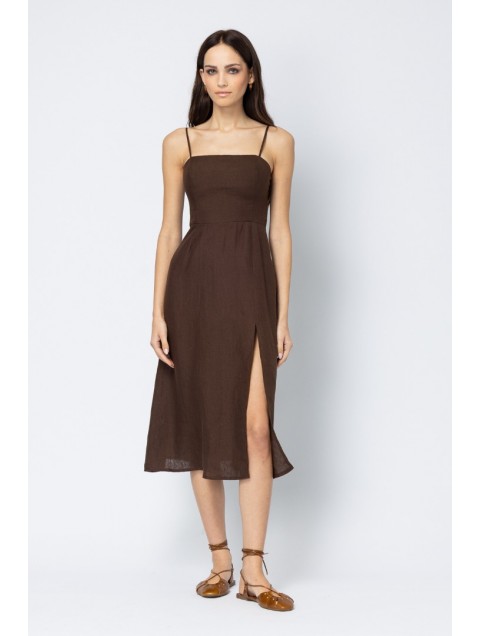 FOREVER YOUNG Solene Linen Dress Καφέ Λινό Φόρεμα