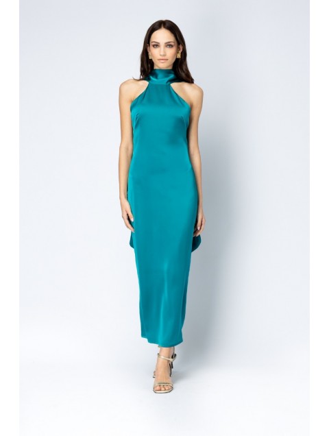 FOREVER YOUNG Sylvie Satin Midi Dress Teal Πετρόλ Σατέν Μίντι Φόρεμα