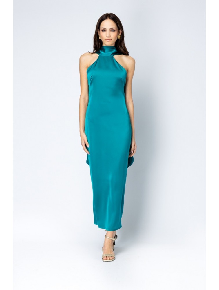 FOREVER YOUNG Sylvie Satin Midi Dress Teal Πετρόλ Σατέν Μίντι Φόρεμα