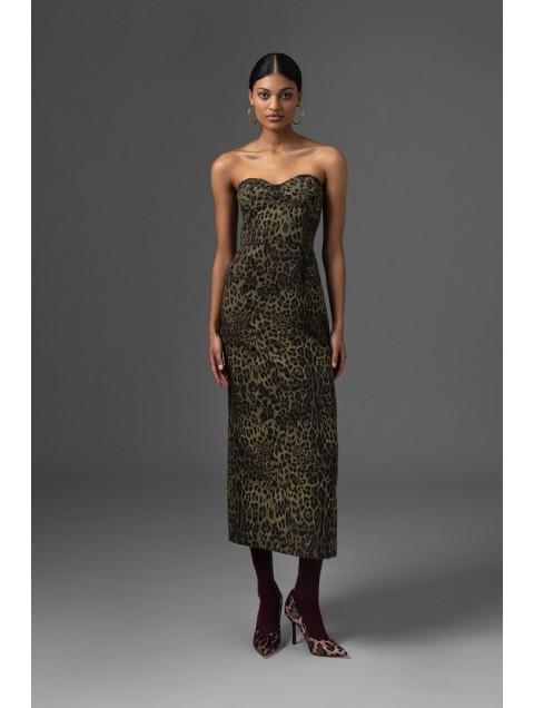 FOREVER YOUNG Adele khaki leopard strapless dress FOREVER YOUNG Adele khaki leopard strapless dress