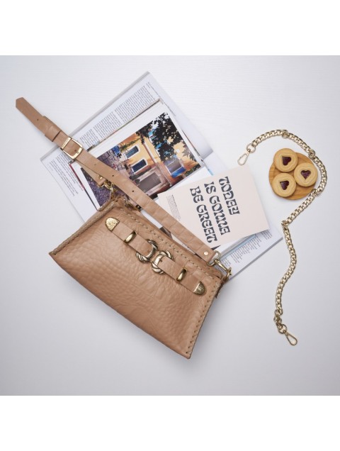 INDIVIDUAL Love Is A Battlefield Leather Women's Shoulder Bag In Mocha Color With Gold Buckle