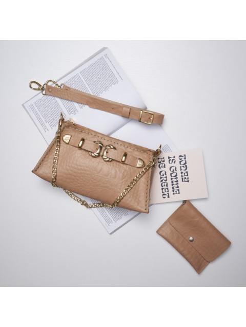 INDIVIDUAL Love Is A Battlefield Leather Women's Shoulder Bag In Mocha Color With Gold Buckle