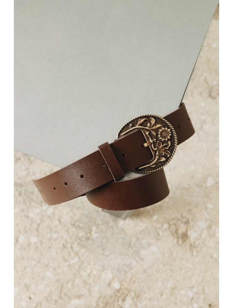 INDIVIDUAL Wild Flower Καφέ δερμάτινη ζώνη με μπρονζέ μεταλλικά στοιχεία