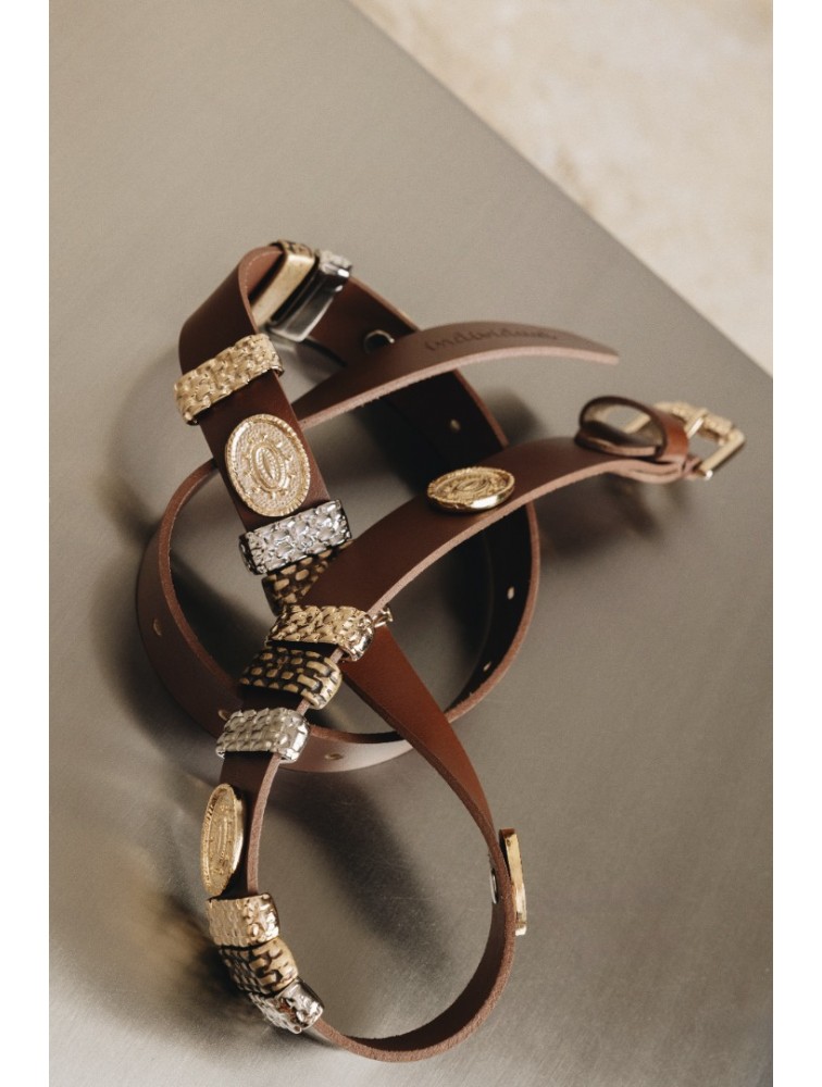 INDIVIDUAL Free Fallin Καφέ δερμάτινη ζώνη με μεταλλικά στοιχεία