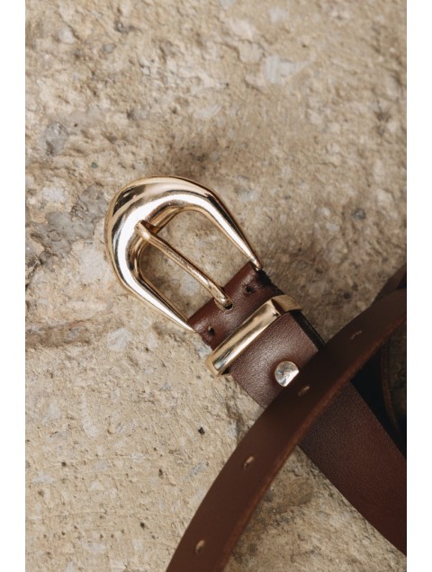 INDIVIDUAL No Words Καφέ δερμάτινη ζώνη με  χρυσά μεταλλικά στοιχεία