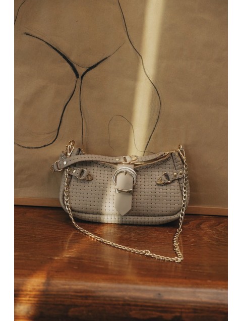 INDIVIDUAL Kiss of Life Shoulder Bag Stone Beige Gold Μπεζ  Δερμάτινη Γυναικεία Τσάντα Ώμου με Χρυσά Στοιχεία