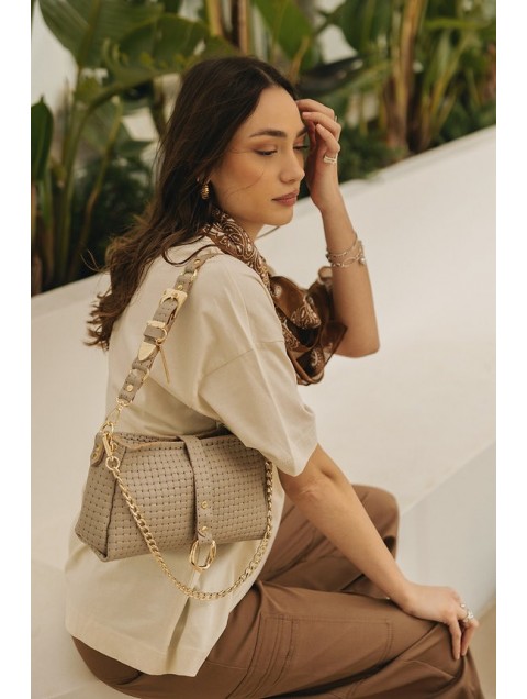 INDIVIDUAL Mexican Moon Shoulder Bag Stone Beige Gold Μπεζ  Δερμάτινη Γυναικεία Τσάντα Ώμου με Χρυσά Στοιχεία LIMITED