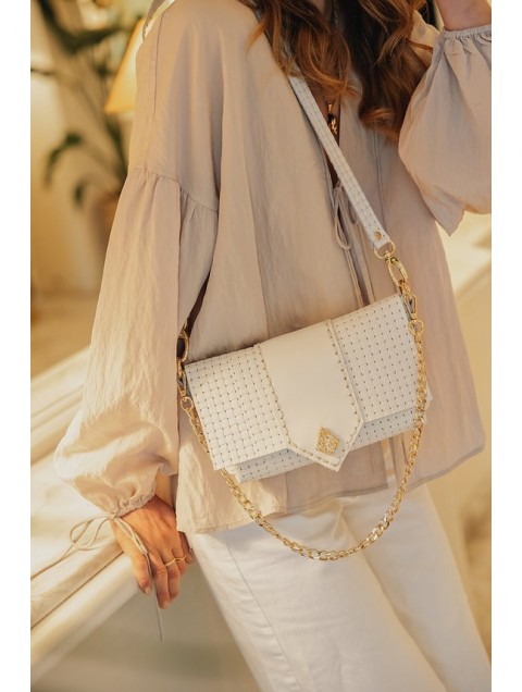 INDIVIDUAL Old and Wise Shoulder Bag Off-White Gold Εκρού Δερμάτινη Γυναικεία Τσάντα Ώμου με Χρυσή Αγκράφα LIMITED