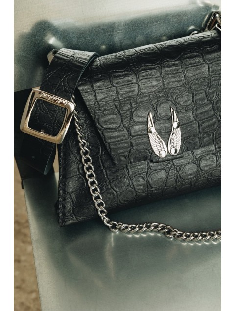 INDIVIDUAL Wings Shoulder Bag Black Nickel Μαύρη  Δερμάτινη Γυναικεία Τσάντα  Ώμου με Νίκελ Αγκράφα