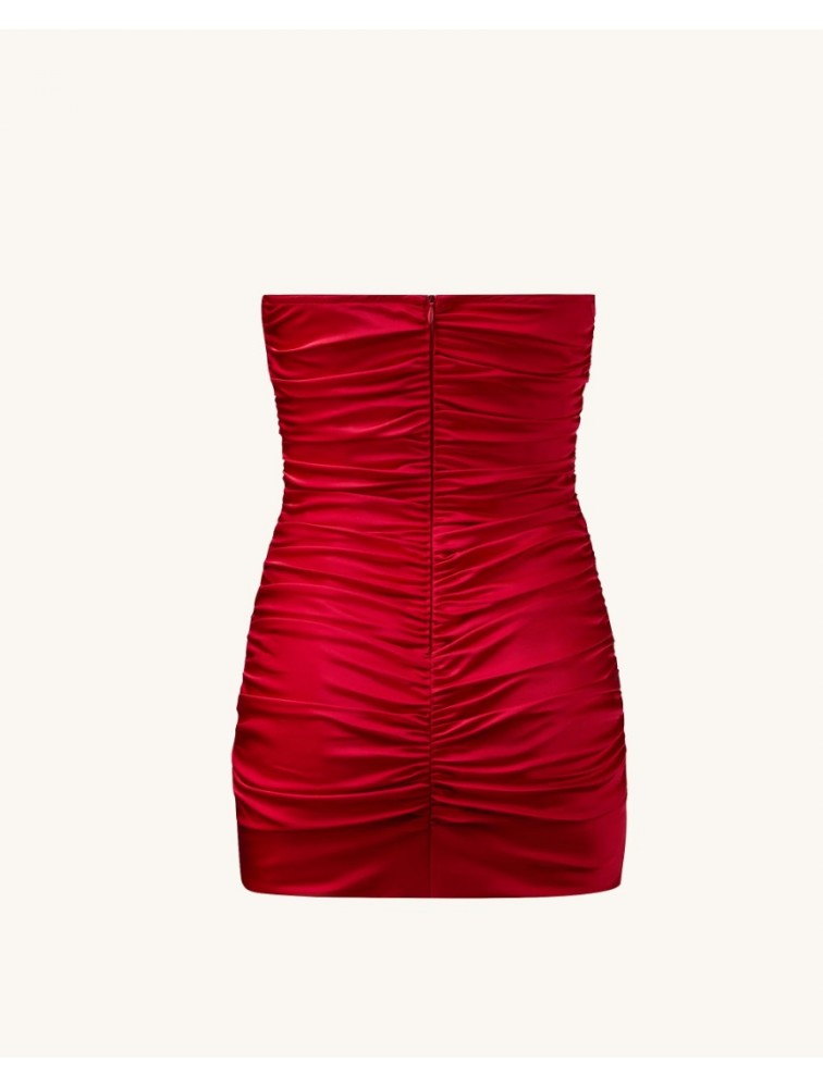 JW PEI Bailee Red Floral Applique And Ruched Tube Mini Dress - Red Κόκκινο Μίνι Φόρεμα με Ανάγλυφα Λουλούδια